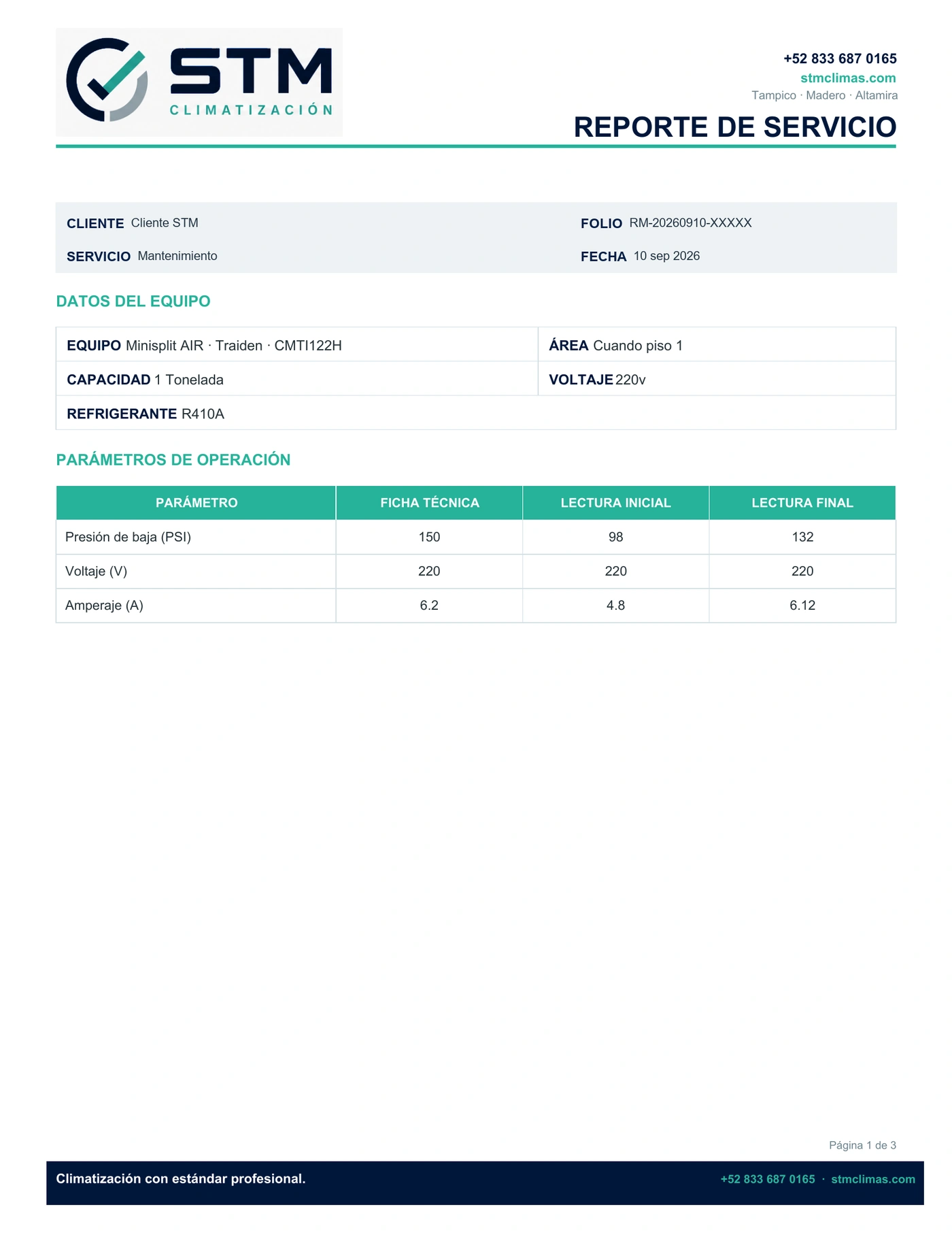 Página 1 del reporte: datos del servicio, equipo y parámetros de operación